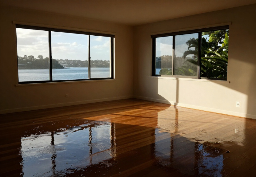 Flooded living room in Warringah before restoration